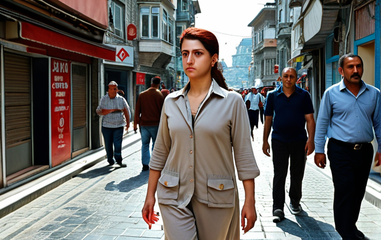 **

*   **Prompt:** A vigilant woman walking confidently down a busy Istanbul street at daytime. She is aware of her surroundings, maintaining eye contact and a strong posture. Focus on her alertness and self-assuredness in a potentially crowded urban environment.

**