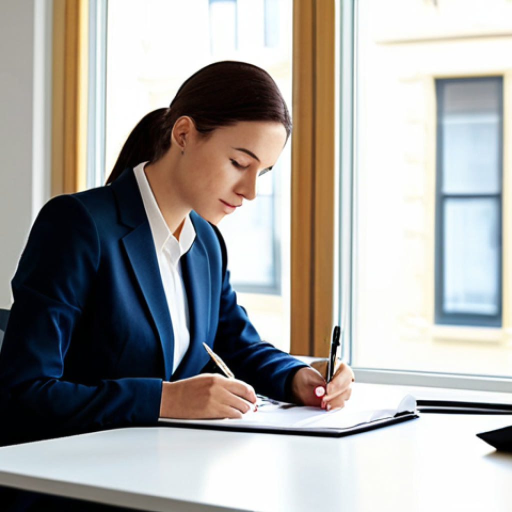 A serene professional woman, fully clothed in a modest, elegant business suit, sits calmly at a minimalist desk in a bright, modern office. She holds a pen, looking thoughtfully at a planner, clearly focused on her tasks and managing her time. The environment is orderly, reflecting a sense of peace and control. Sunlight streams through a large window, illuminating the scene. The image conveys a feeling of calm productivity and mental well-being. Perfect anatomy, correct proportions, natural pose, well-formed hands, proper finger count, natural body proportions, safe for work, appropriate content, fully clothed, professional dress, high quality photography, sharp focus.