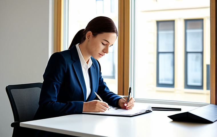 A serene professional woman, fully clothed in a modest, elegant business suit, sits calmly at a minimalist desk in a bright, modern office. She holds a pen, looking thoughtfully at a planner, clearly focused on her tasks and managing her time. The environment is orderly, reflecting a sense of peace and control. Sunlight streams through a large window, illuminating the scene. The image conveys a feeling of calm productivity and mental well-being. Perfect anatomy, correct proportions, natural pose, well-formed hands, proper finger count, natural body proportions, safe for work, appropriate content, fully clothed, professional dress, high quality photography, sharp focus.