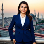 **

A professional Turkish businesswoman in a modest, dark blue business suit, standing confidently in front of the Istanbul skyline at sunset, fully clothed, appropriate attire, safe for work, perfect anatomy, natural proportions, professional corporate photography, high quality.

**