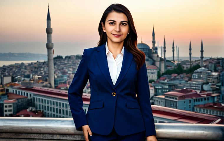 **

A professional Turkish businesswoman in a modest, dark blue business suit, standing confidently in front of the Istanbul skyline at sunset, fully clothed, appropriate attire, safe for work, perfect anatomy, natural proportions, professional corporate photography, high quality.

**