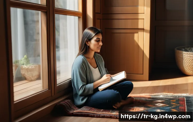 사회적 경계 설정의 필요성 - A thoughtful Turkish woman in her 30s sitting in a cozy modern living room, practicing self-awarenes...