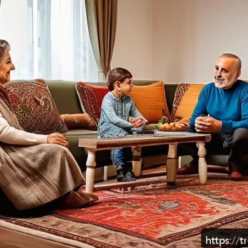 경계 설정을 위한 임상적 접근 - A warm, inviting Turkish family living room scene showing three generations&mdash;grandparents, parents, a...