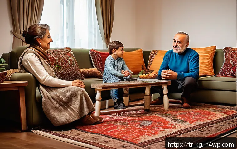 경계 설정을 위한 임상적 접근 - A warm, inviting Turkish family living room scene showing three generations—grandparents, parents, a...