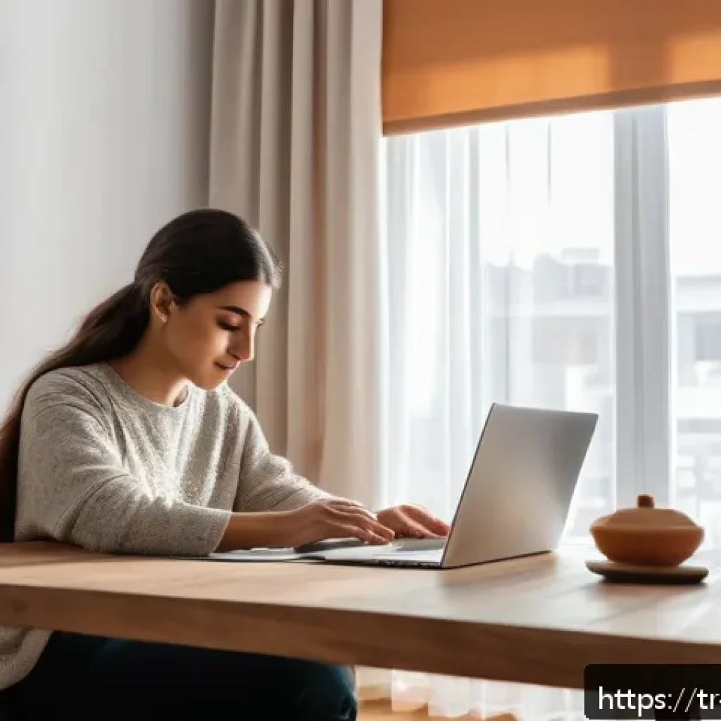 경계 설정의 단계별 접근법 - A serene home office scene in a modern Turkish apartment, featuring a young adult woman sitting calm...