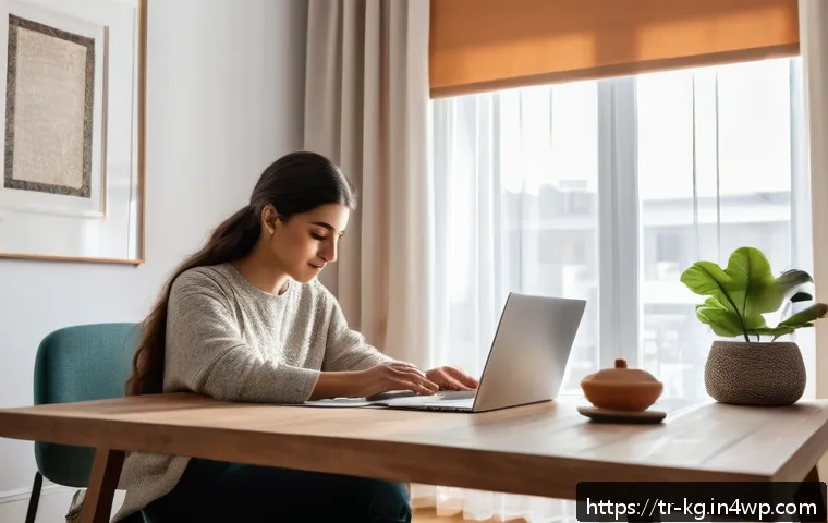 경계 설정의 단계별 접근법 - A serene home office scene in a modern Turkish apartment, featuring a young adult woman sitting calm...