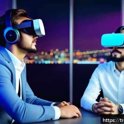 경계 설정을 위한 그룹 활동 아이디어 - A futuristic virtual reality team meeting scene with young Turkish tech employees wearing VR headset...
