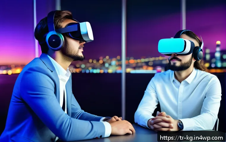 경계 설정을 위한 그룹 활동 아이디어 - A futuristic virtual reality team meeting scene with young Turkish tech employees wearing VR headset...