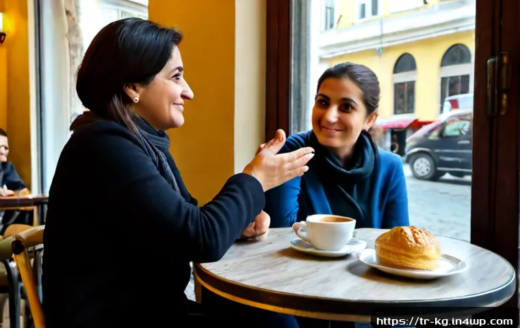 Home 15 관계의 건강을 위한 경계 설정 가이드 - Photorealistic scene of a Turkish woman in her 40s calmly speaking with a friend across a small café...