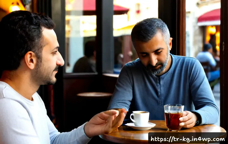 건강한 경계를 위한 대화의 기술 - Photorealistic scene of two Turkish adult friends having a respectful conversation at a quiet Istanb...